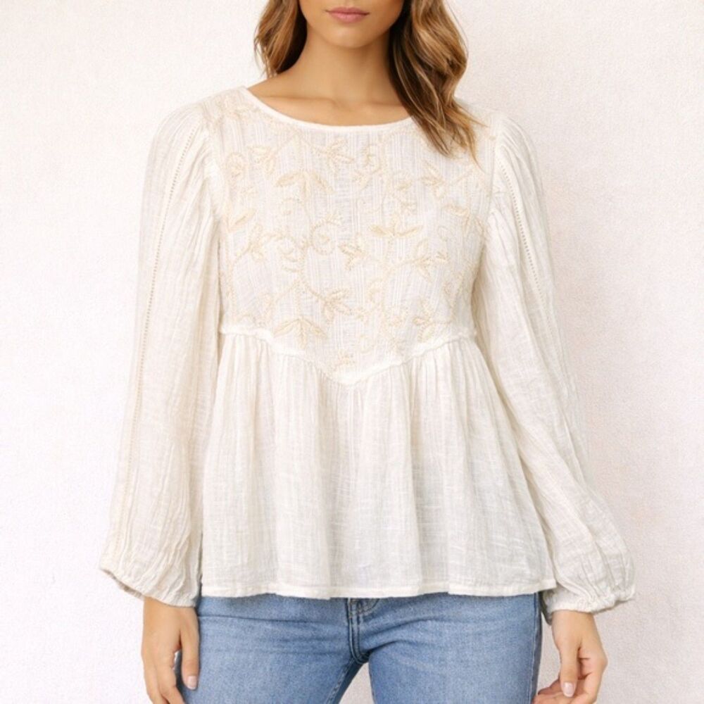 NWT House of Harlow 1960 Ivory Bohemian Embroidered Peasant Blouse Size XS NEW